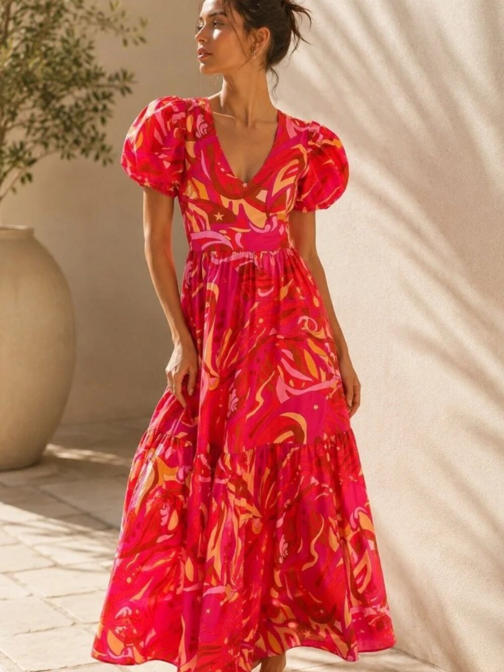 Pink Printed Puff Sleeve Maxi Dress V-neck Empire waist full Skirt Size XS